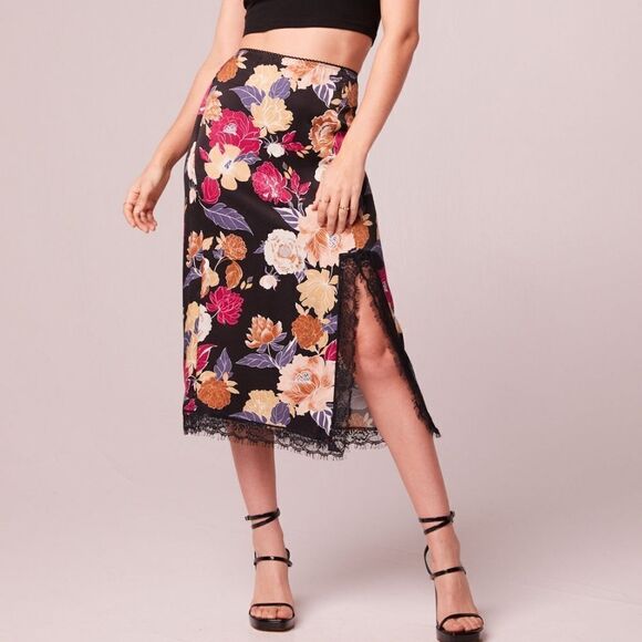 Band of the Free Floral & Lace Midi Slip Skirt w/ Slit, Small, Black & Pink - Picture 1 of 11